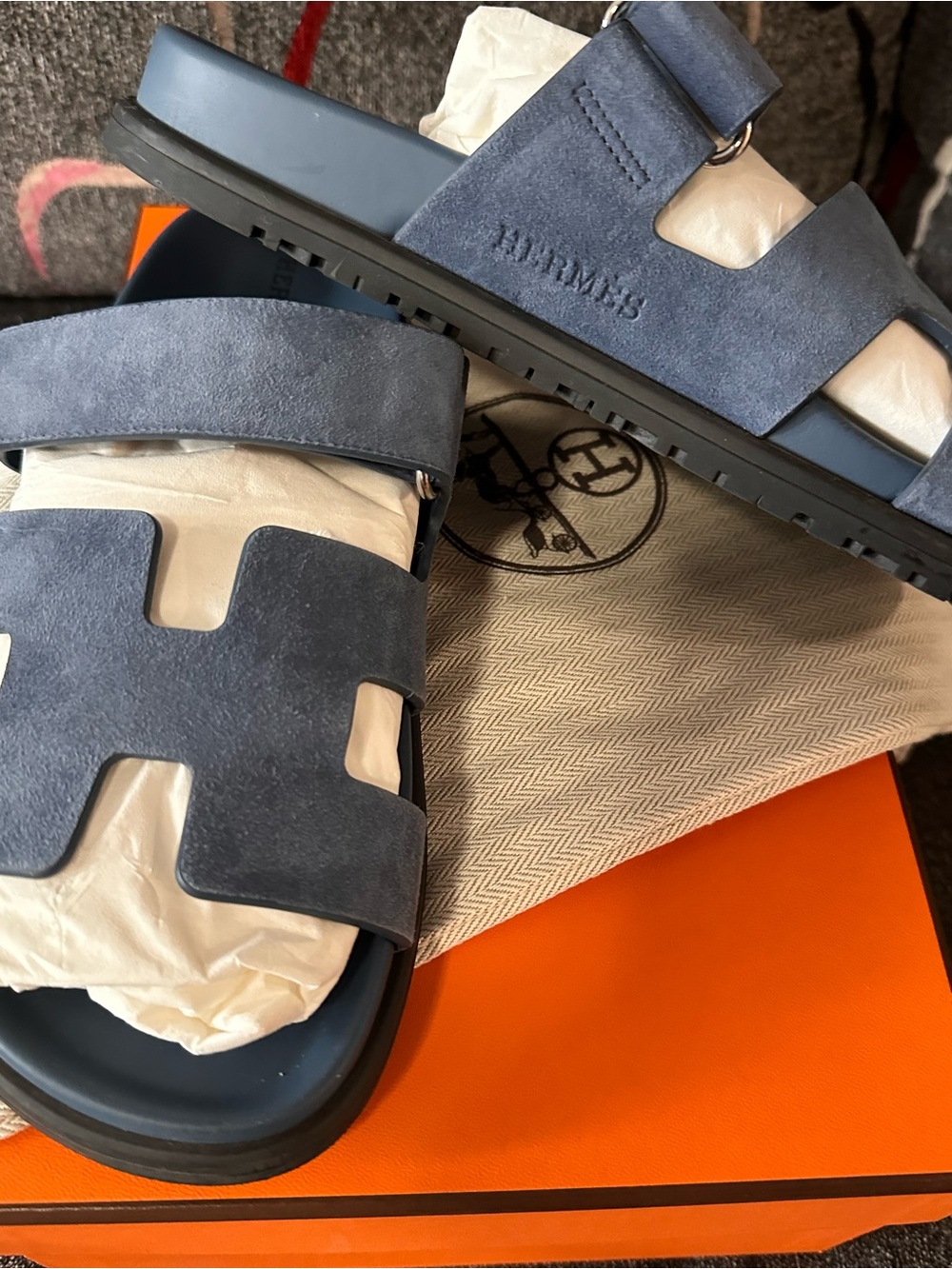 Hermes Blue Suede Oran Slide Sandals - Picture 5 of 8